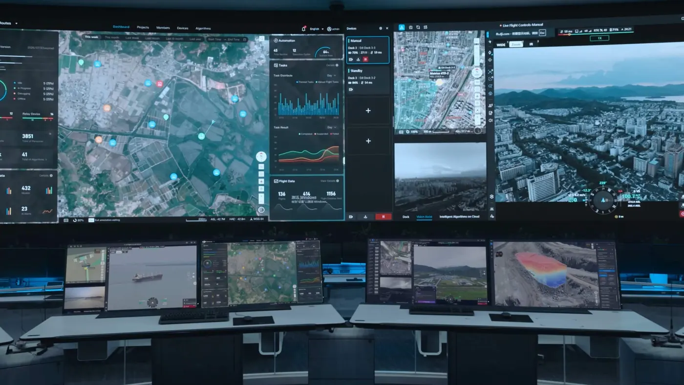 Centro de control con DJI FlightHub 2 en varias pantallas