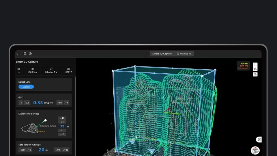 Edición de rutas 3D en FlightHub 2 sobre el modelo de un edificio