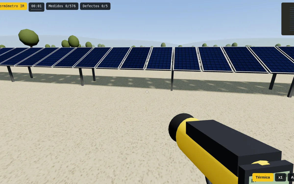 Vista de la simulación: planta fotovoltaica recorrida a pie con un termómetro IR